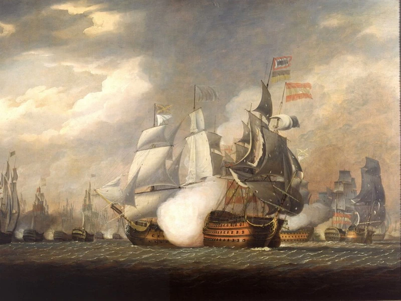 1747-Robert Cleveley - La 'Victory' che combatte il 'Salvador del Mundo' spagnolo nella battaglia di Capo San Vincenzo, 14 febbraio 1797